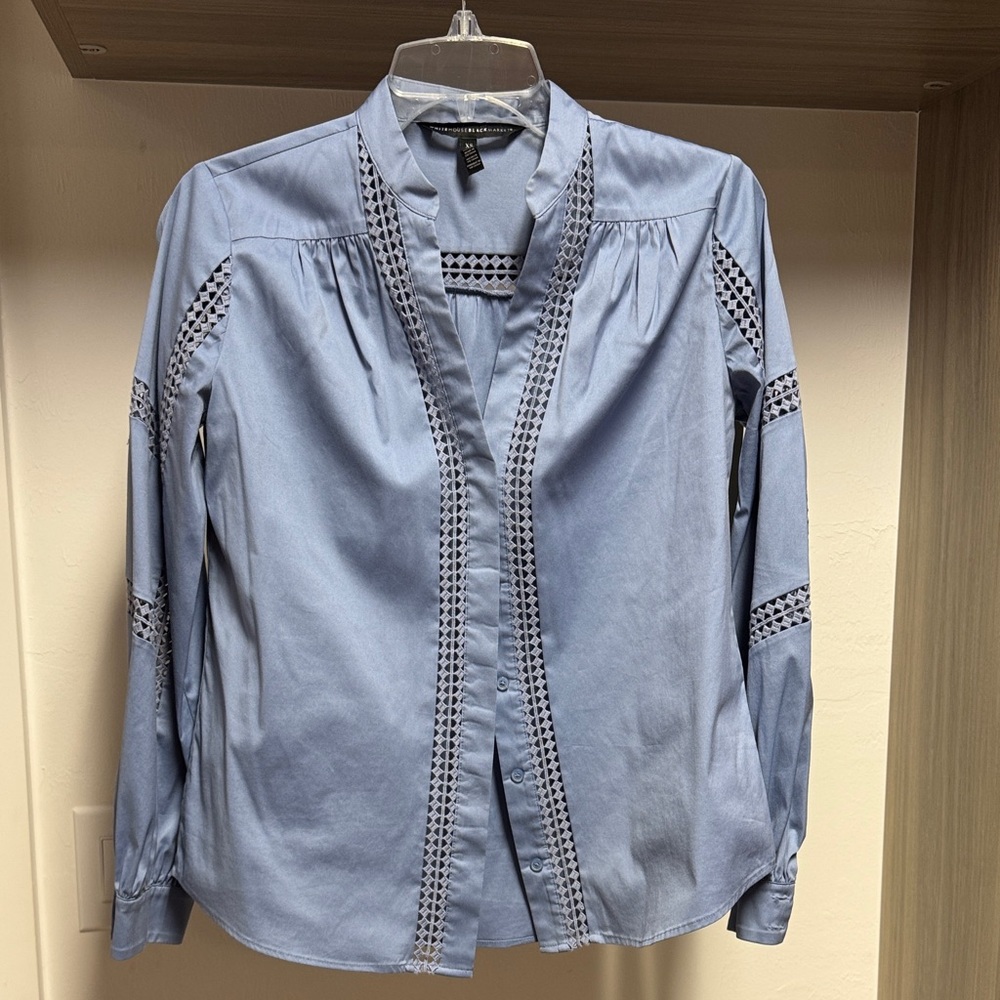 White House Black Market Blue Blouse with Lace Detail